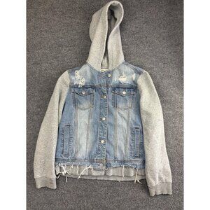 BKE Jacket Womens L Blue Denim Gray Hoodie Distressed Frayed Hem Casual Layer